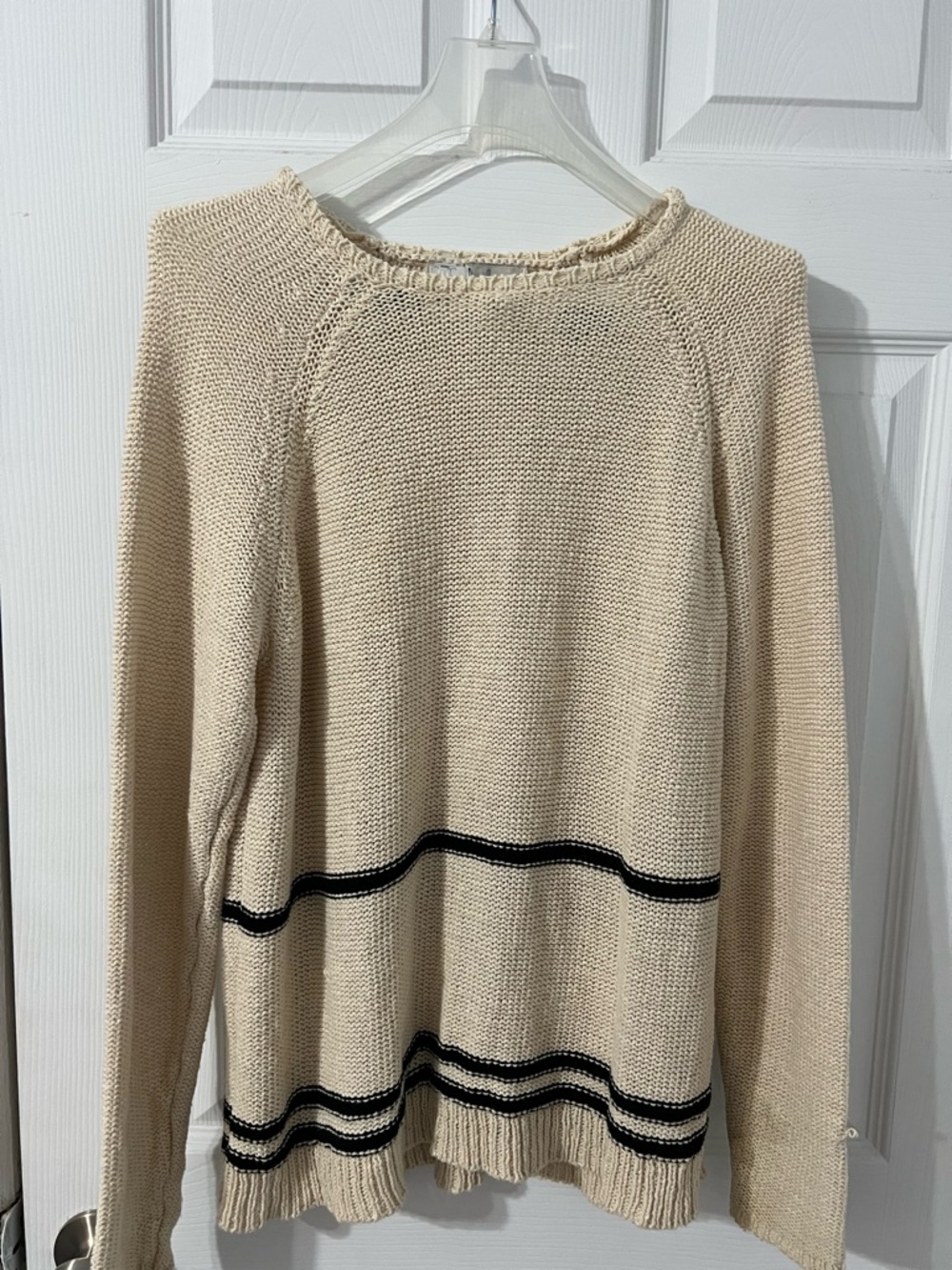Magaschoni Cream Knit Crewneck Sweater with Black Stripe Accents